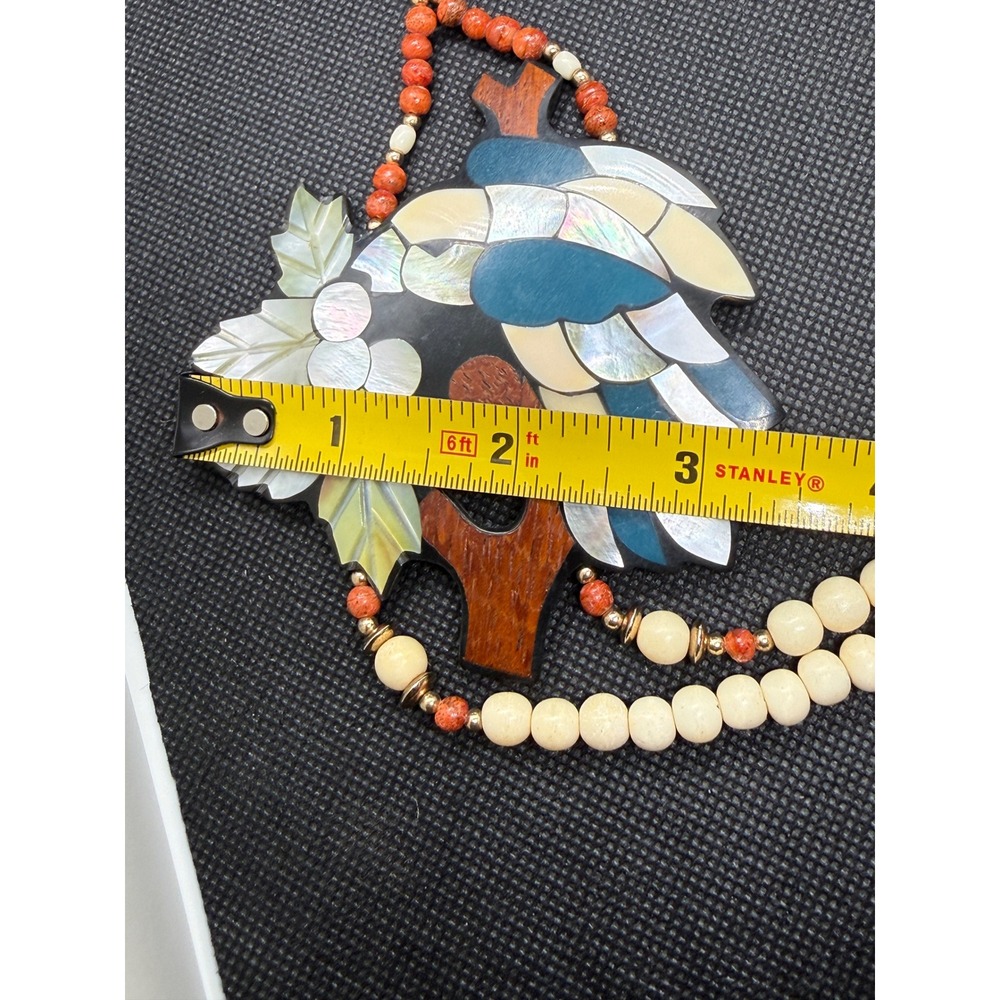 Vintage Lee Sands Mother of Pearl Abalone Bird Inlay Beaded Statement Necklace - Picture 6 of 7